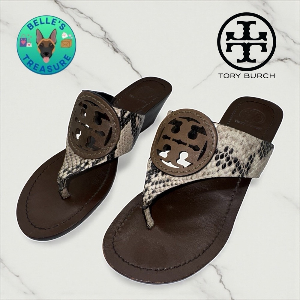 Tory Burch Louisa Women Thong 7.5M Beige Brown Leather Snakeskin Sandal 22158536